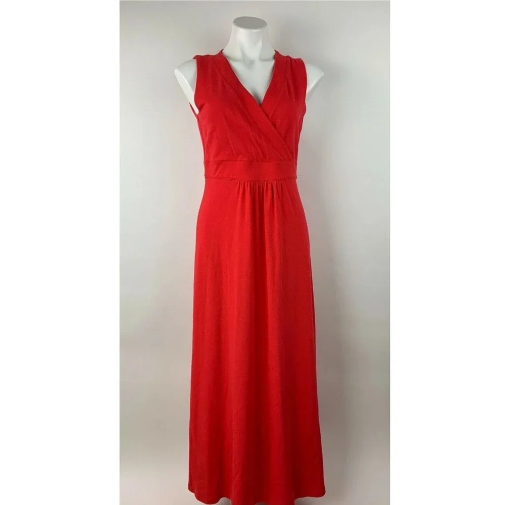 Lands' End Red Orange Maxi Dress Pima Cotton Stretch Surplice Bodice M Side Slit
